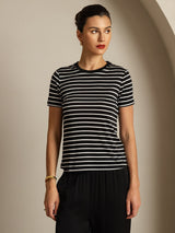 [Musta Raita] SilkSilky-FI Short Sleeve Crew Neck Naisten T-paita 003