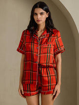 [Punainen Ruudullinen] SilkSilky-FI Short Sleeve Notch Collar Naisten Pyjamat 003