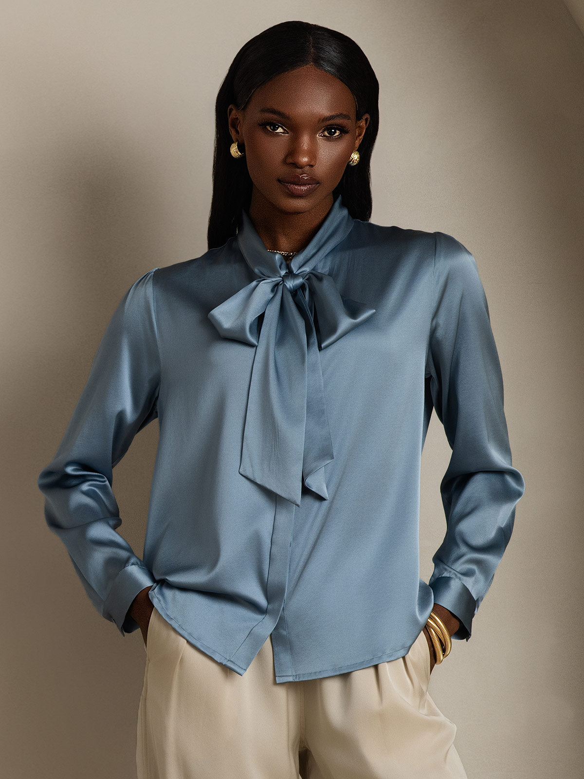 [Harmaansininen] SilkSilky-FI 19Momme Silk Long Sleeve Tie Neck Naisten paita 001