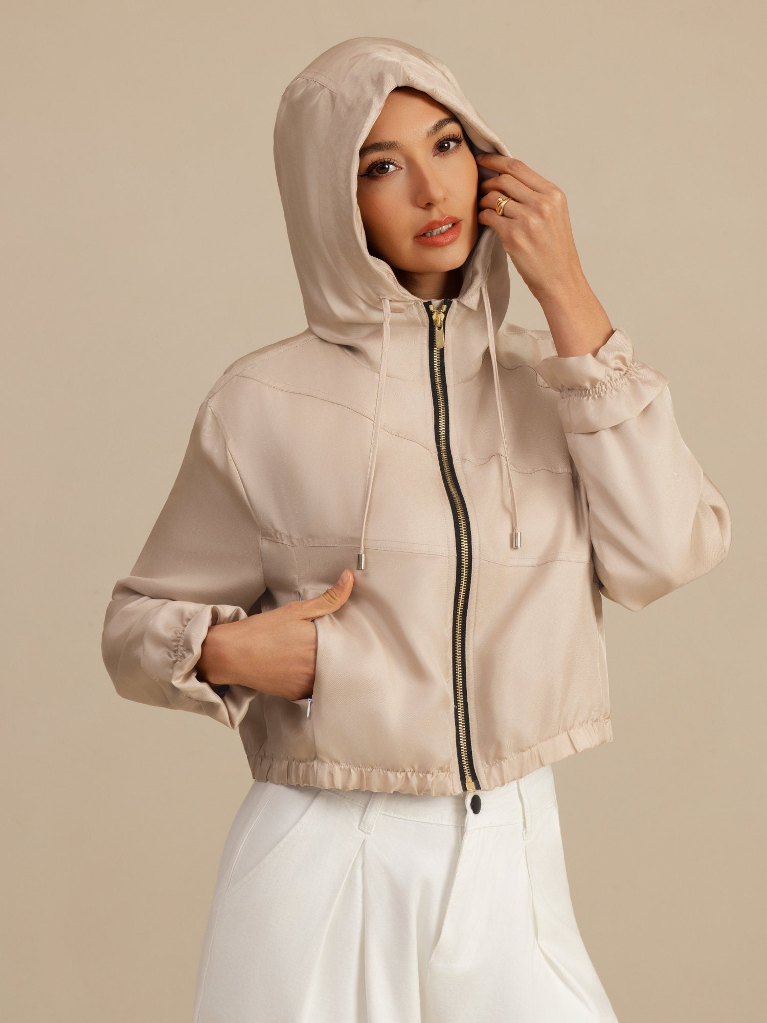 [Tan] SilkSilky-FI 18Momme Pitkähihainen Korkea Kaulus Naisten Päällysvaatteet 001