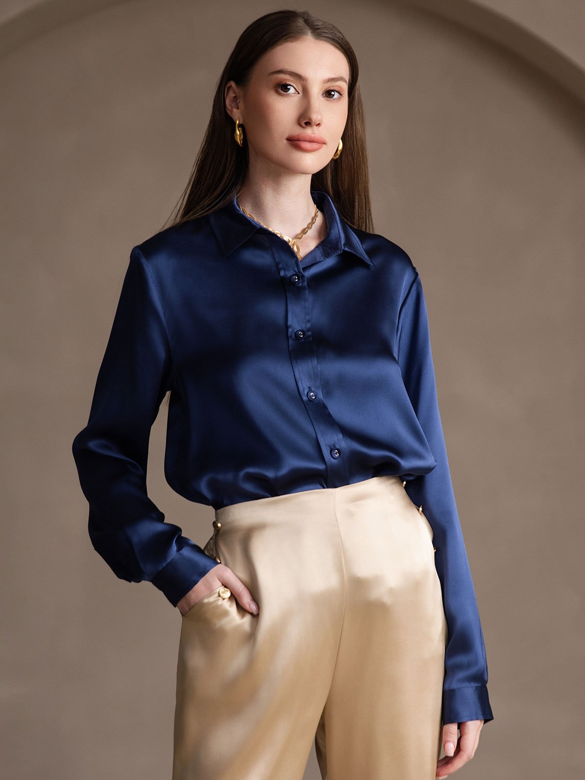 [Tummansininen] SilkSilky-FI 19Momme Silk Long Sleeve Collar Naisten paita 005