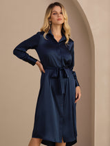 [Tummansininen] SilkSilky-FI Long Sleeve Lapel Collar Mekko 001