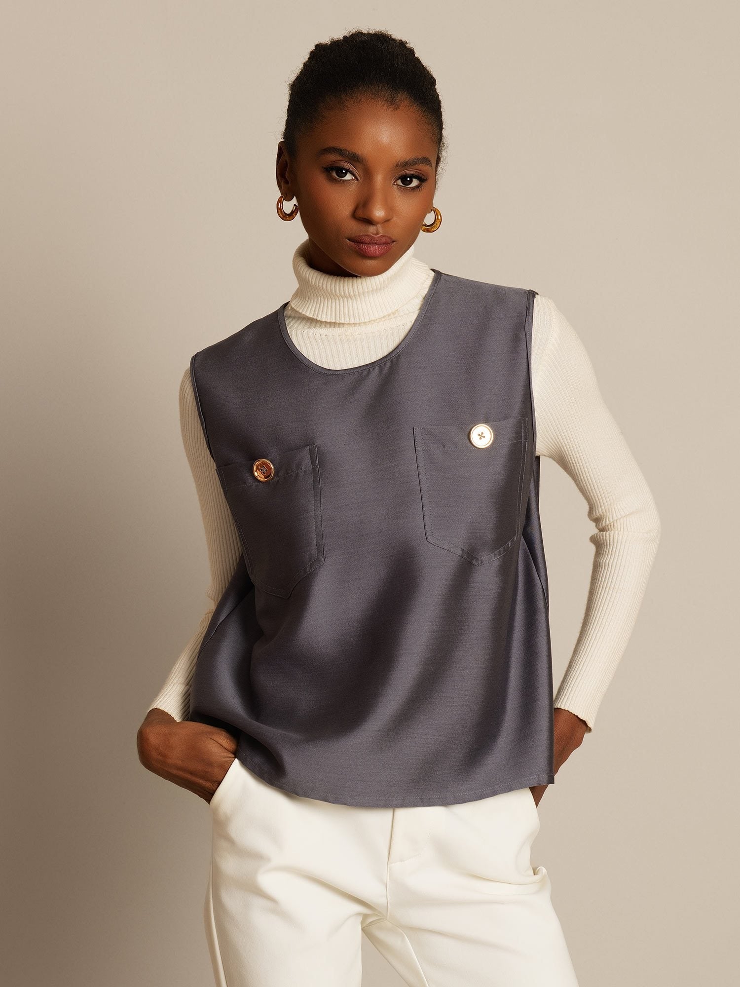 [Harmaa] SilkSilky-FI 32Momme Silk-Wool Blend Womens Vest 001,