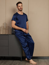 [Tummansininen] SilkSilky-FI Pure Silk Short Sleeve Round Neck Miesten Pyjamat 005