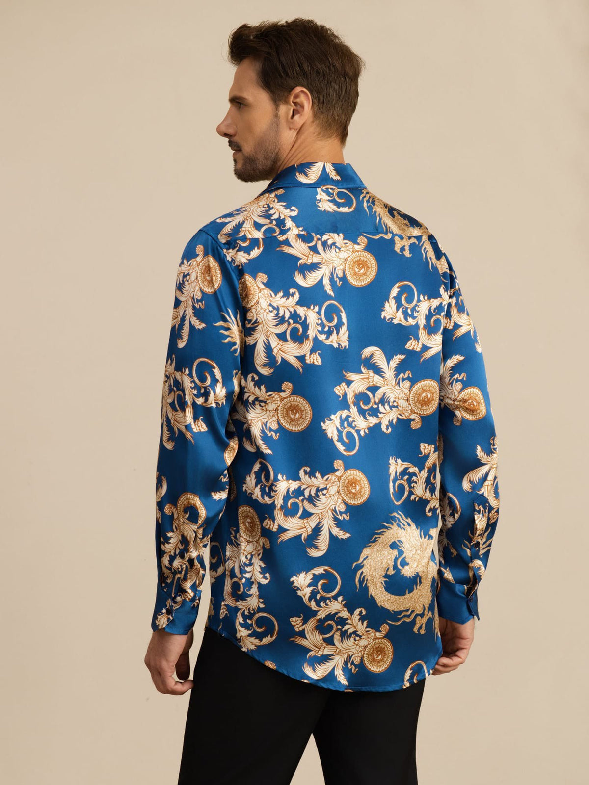 [Navy Lohikäärme] SilkSilky-FI Long Sleeve Lapel Collar Miesten Paita 002