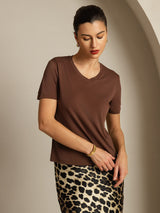 [Kahvi] SilkSilky-FI Short Sleeve V Neck Naisten T-paita 006