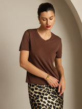 [Kahvi] SilkSilky-FI Short Sleeve V Neck Naisten T-paita 006