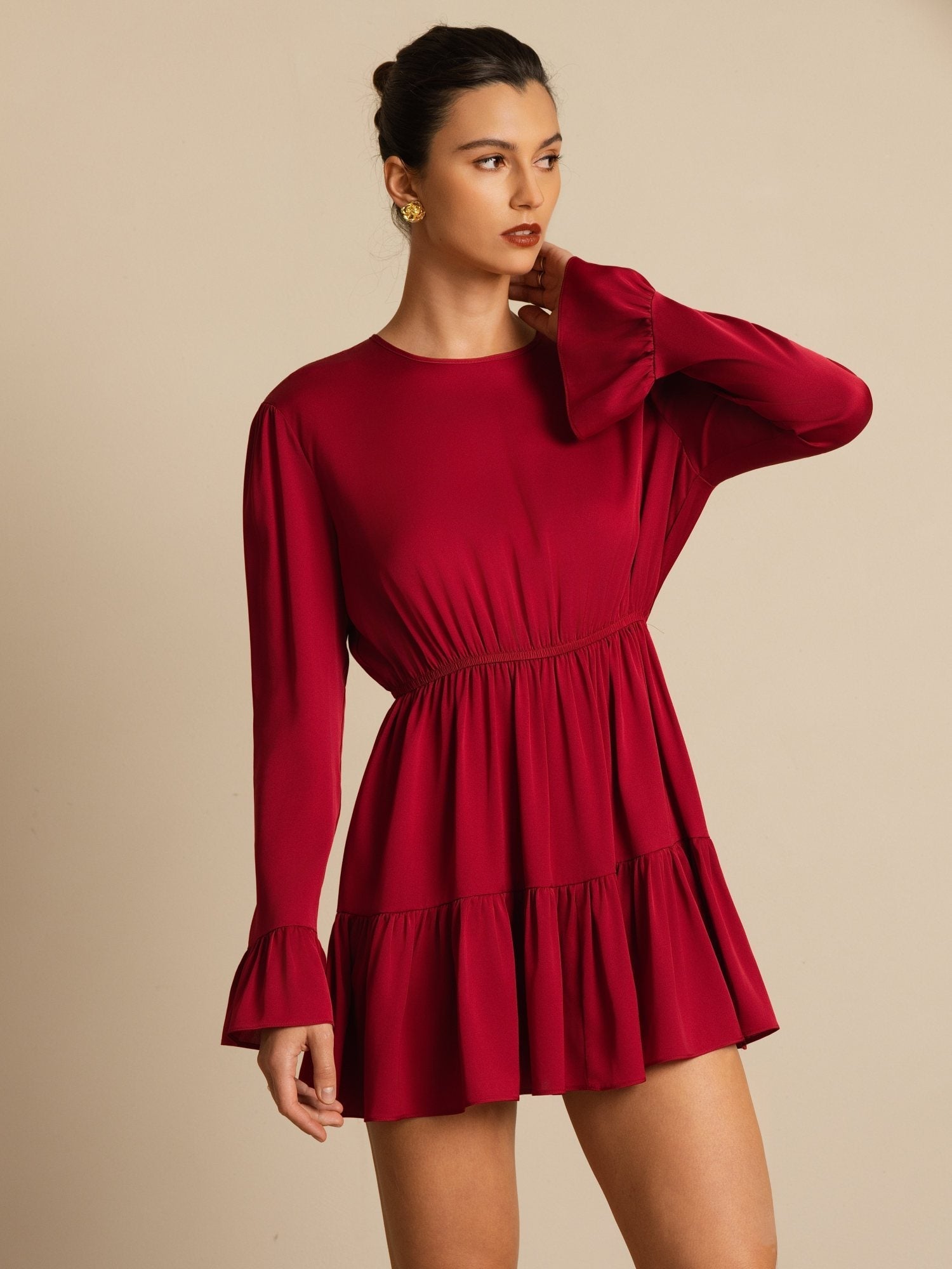 [Viini] SilkSilky-FI 19Momme Silkki Pitkähihainen Pyöreä Pääntie Mekko 006