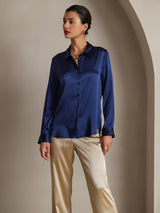 [Tummansininen] SilkSilky-FI Long Sleeve Lapel Collar Naisten paita 001