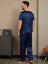 [Tummansininen] SilkSilky-FI Pure Silk Short Sleeve Round Neck Miesten Pyjamat 002