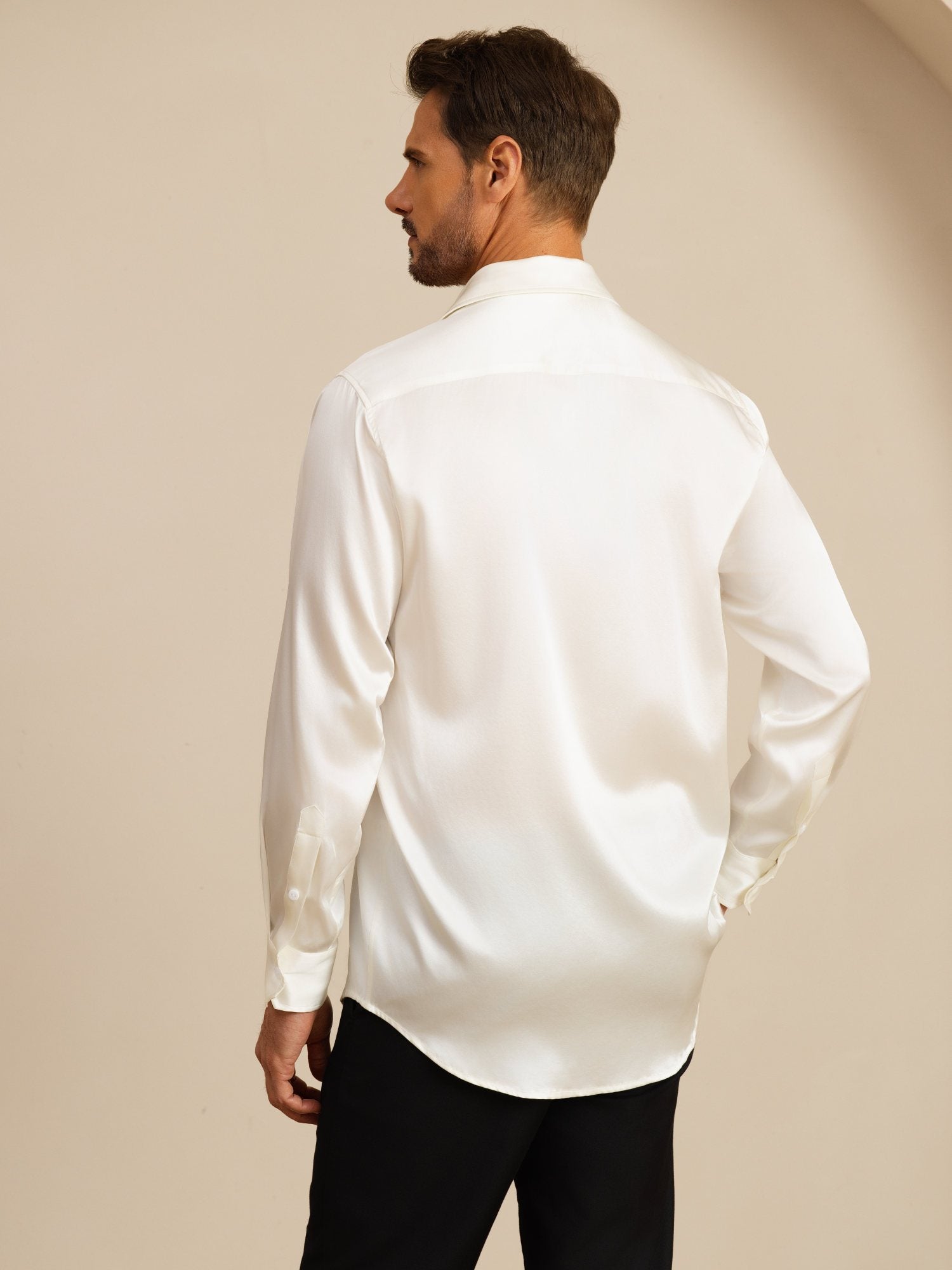 [Valkoinen] SilkSilky-FI 19Momme Pitkähihainen Kauluskäänne Miesten Paita 002