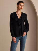 [Musta] SilkSilky-FI Long Sleeve Deep V Neck Naisten Puserot 001