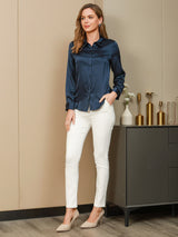 [Tummansininen] SilkSilky-FI Long Sleeve Lapel Collar Naisten paita 006
