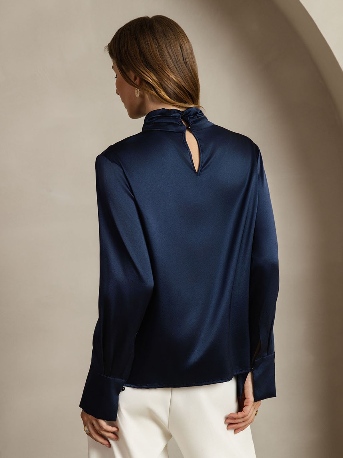 [Tummansininen] SilkSilky-FI 19Momme Womens Shirt 002