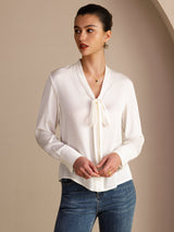 [Valkoinen] SilkSilky-FI Long Sleeve Tie Neck Naisten Puserot 004