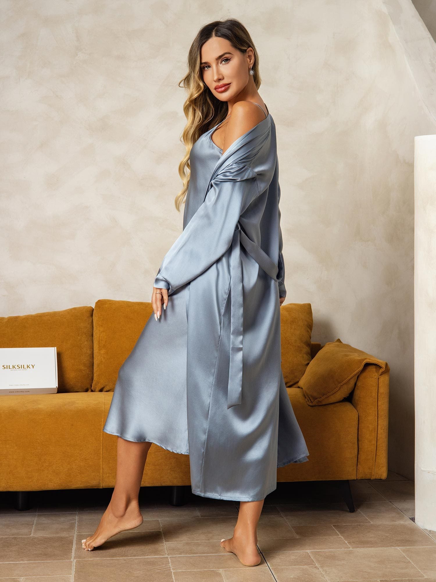 [Harmaansininen] SilkSilky-FI Nightgown&Robe Set 002