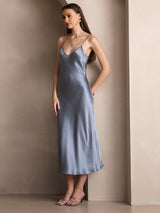 [Harmaansininen] SilkSilky-FI Spaghetti Strap V Neck Mekko 006