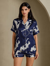 [Laivastonsininen Gepardi] SilkSilky-FI Short Sleeve Notch Collar Naisten Pyjamat 004