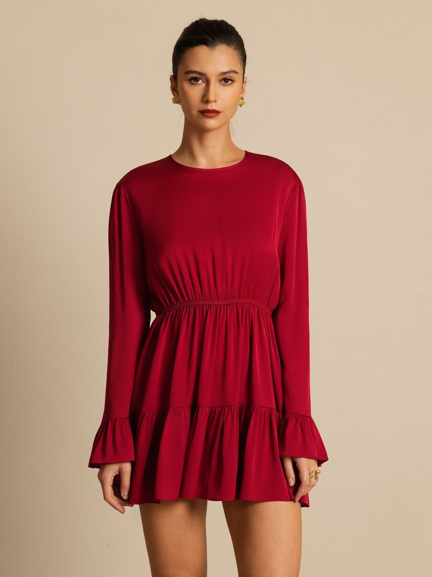 [Viini] SilkSilky-FI 19Momme Silkki Pitkähihainen Pyöreä Pääntie Mekko 005