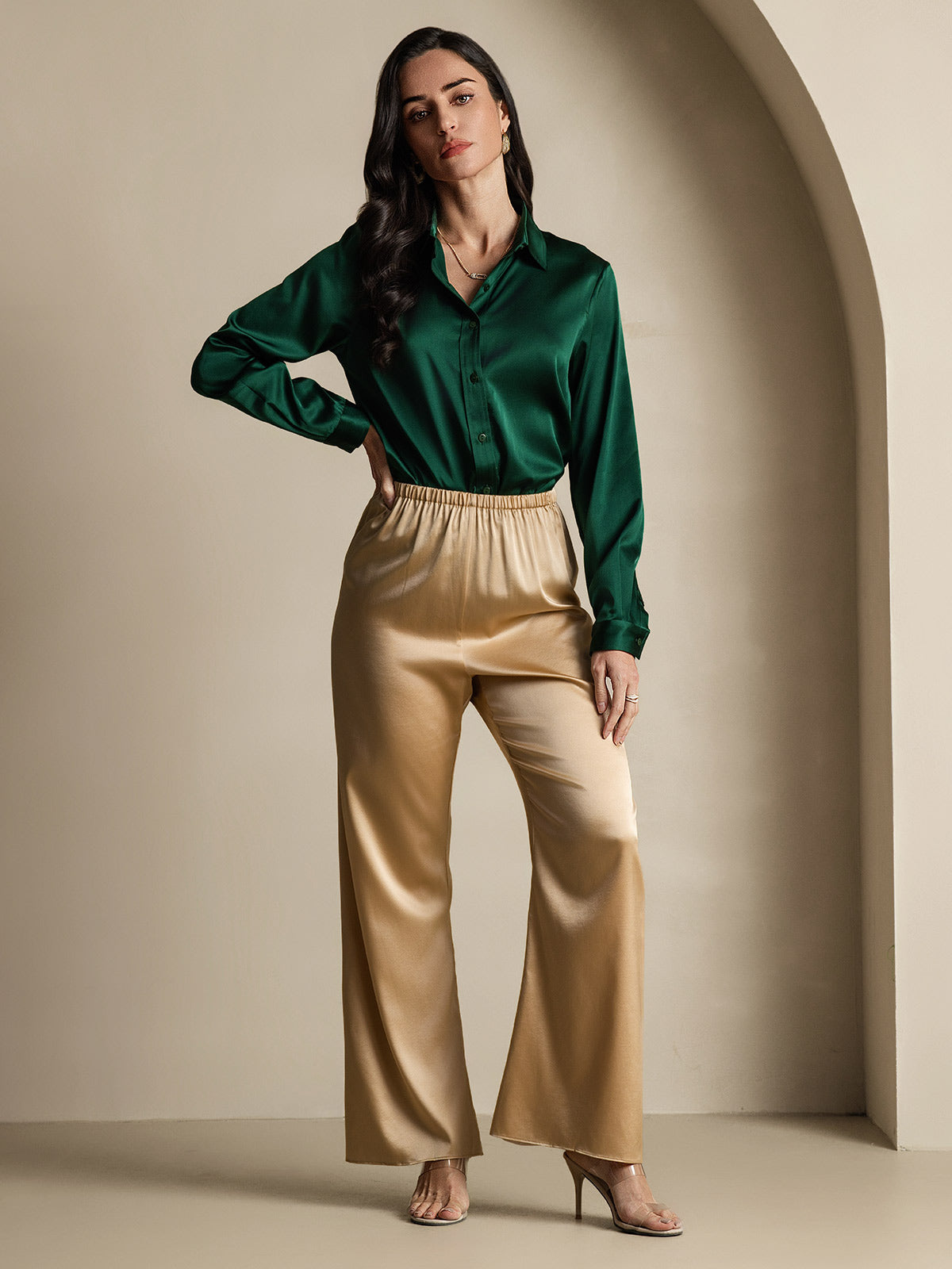 [Tummanvihreä] SilkSilky-FI 19Momme Silk Long Sleeve Collar Naisten paita 010