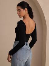 [Musta] SilkSilky-FI Long Sleeve U kaula Naisten T-paita 001