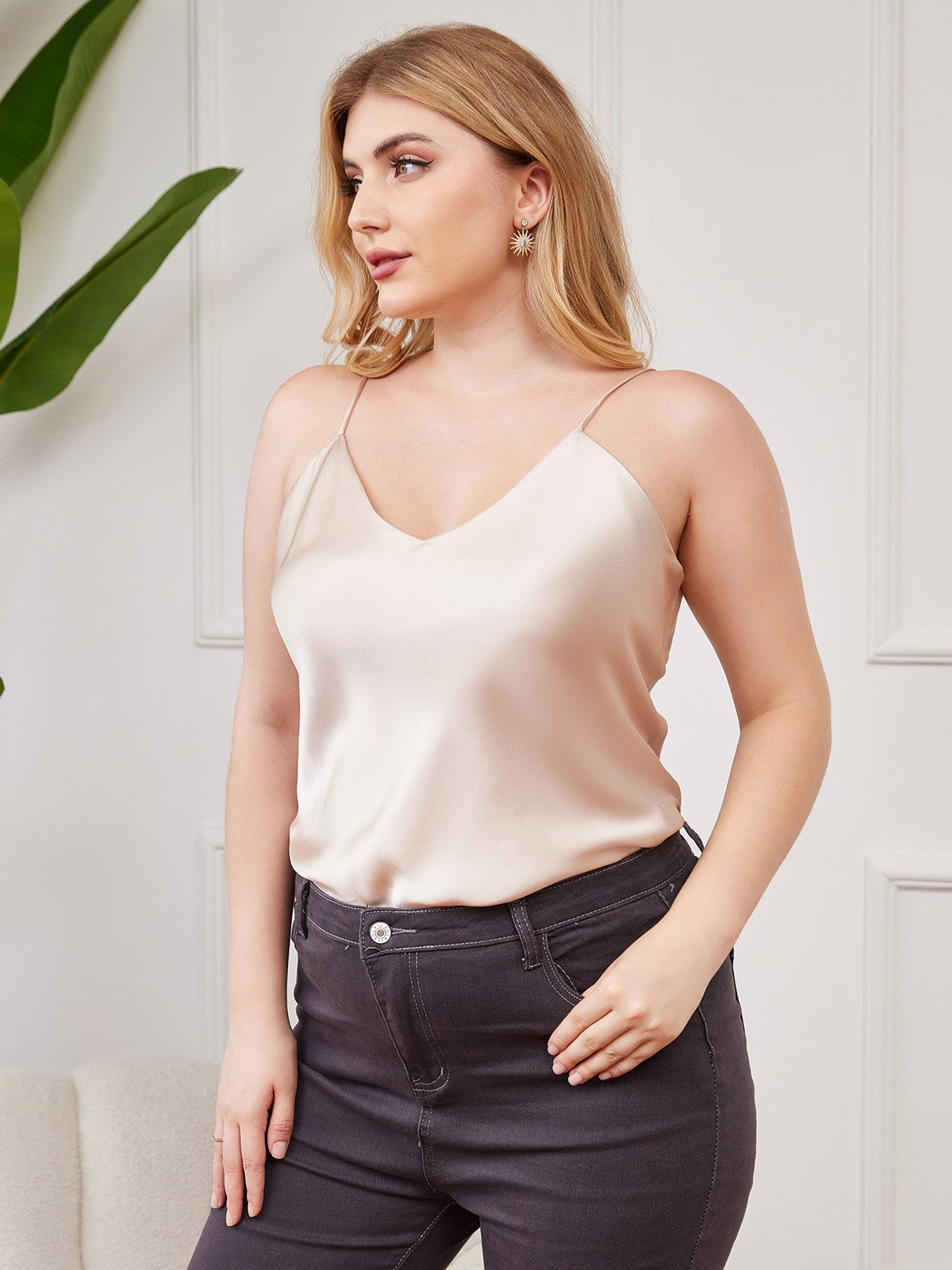 [Beige] SilkSilky-FI Pure Silk Deep V Neck Plus-koon Camisole Top 001