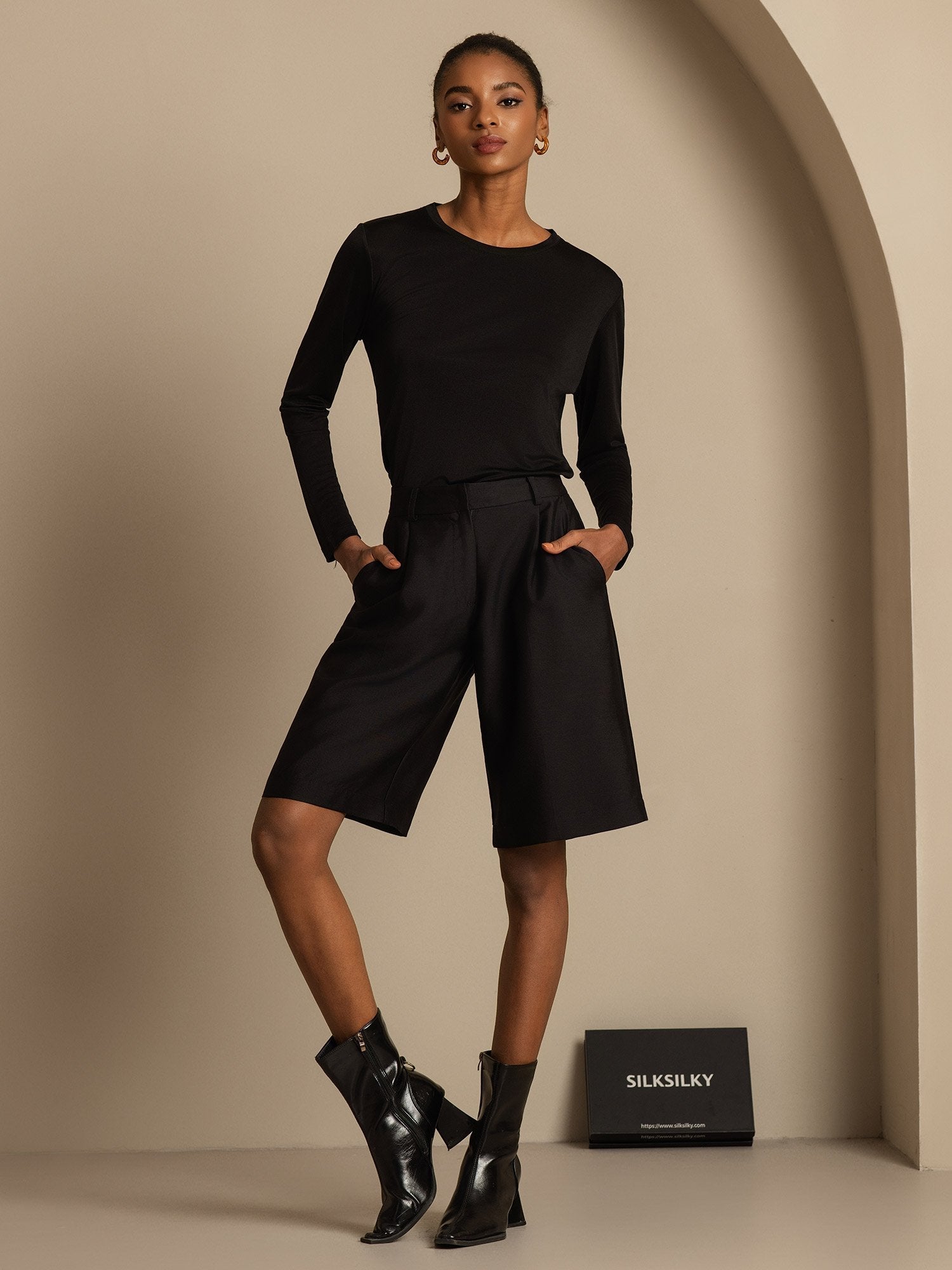 [Musta] SilkSilky-FI 32Momme Silk-Wool Blend Womens Shorts 005,