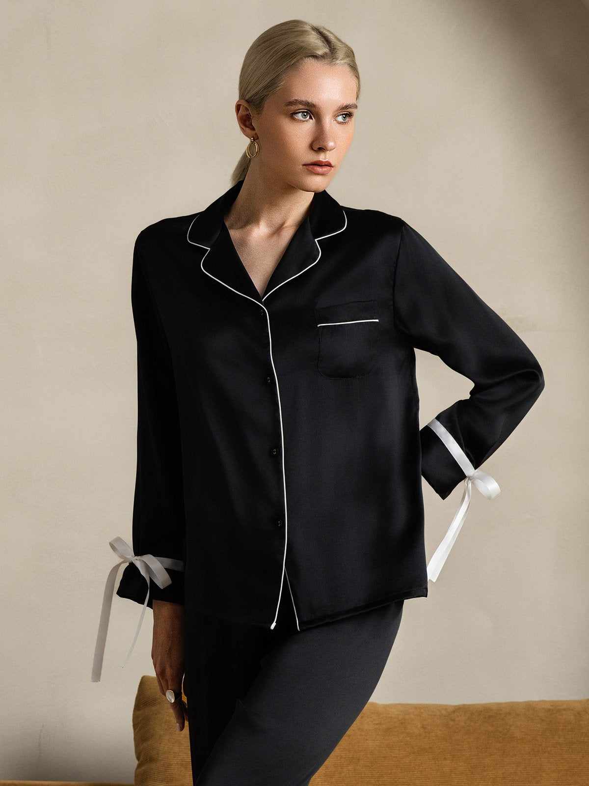 [Musta] SilkSilky-FI Pure Silk Long Sleeve Lapel Naisten Pyjamat 006