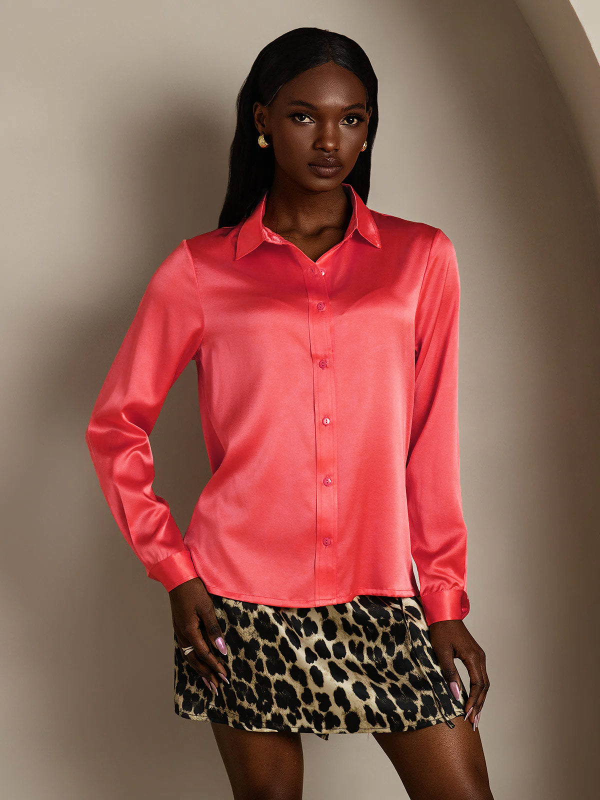 [Keisarillinen Punainen] SilkSilky-FI 19Momme Silk Long Sleeve Collar Naisten paita 001