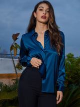 [Sinivihreä] SilkSilky-FI Long Sleeve Lapel Collar Naisten paita 005