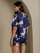 [Laivastonsininen Gepardi] SilkSilky-FI Short Sleeve Notch Collar Naisten Pyjamat 002