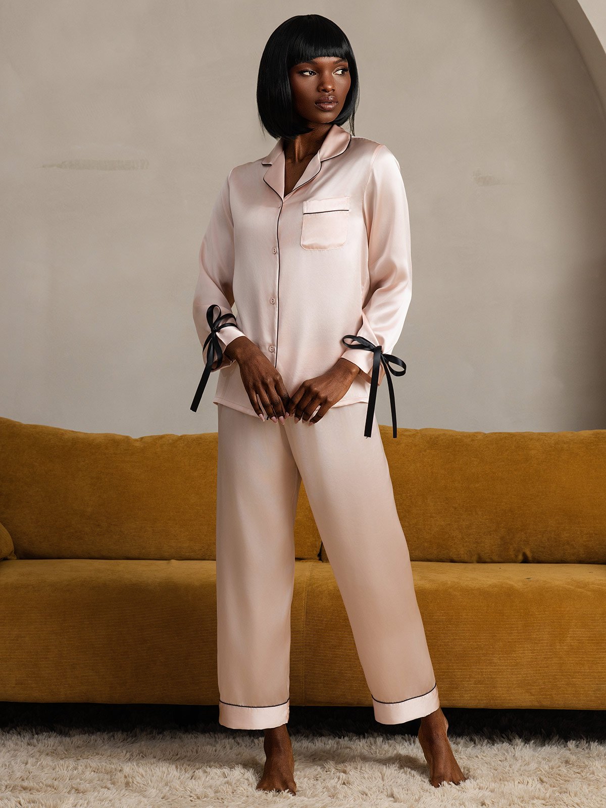 [Pinkki] SilkSilky-FI Pure Silk Long Sleeve Lapel Naisten Pyjamat 004