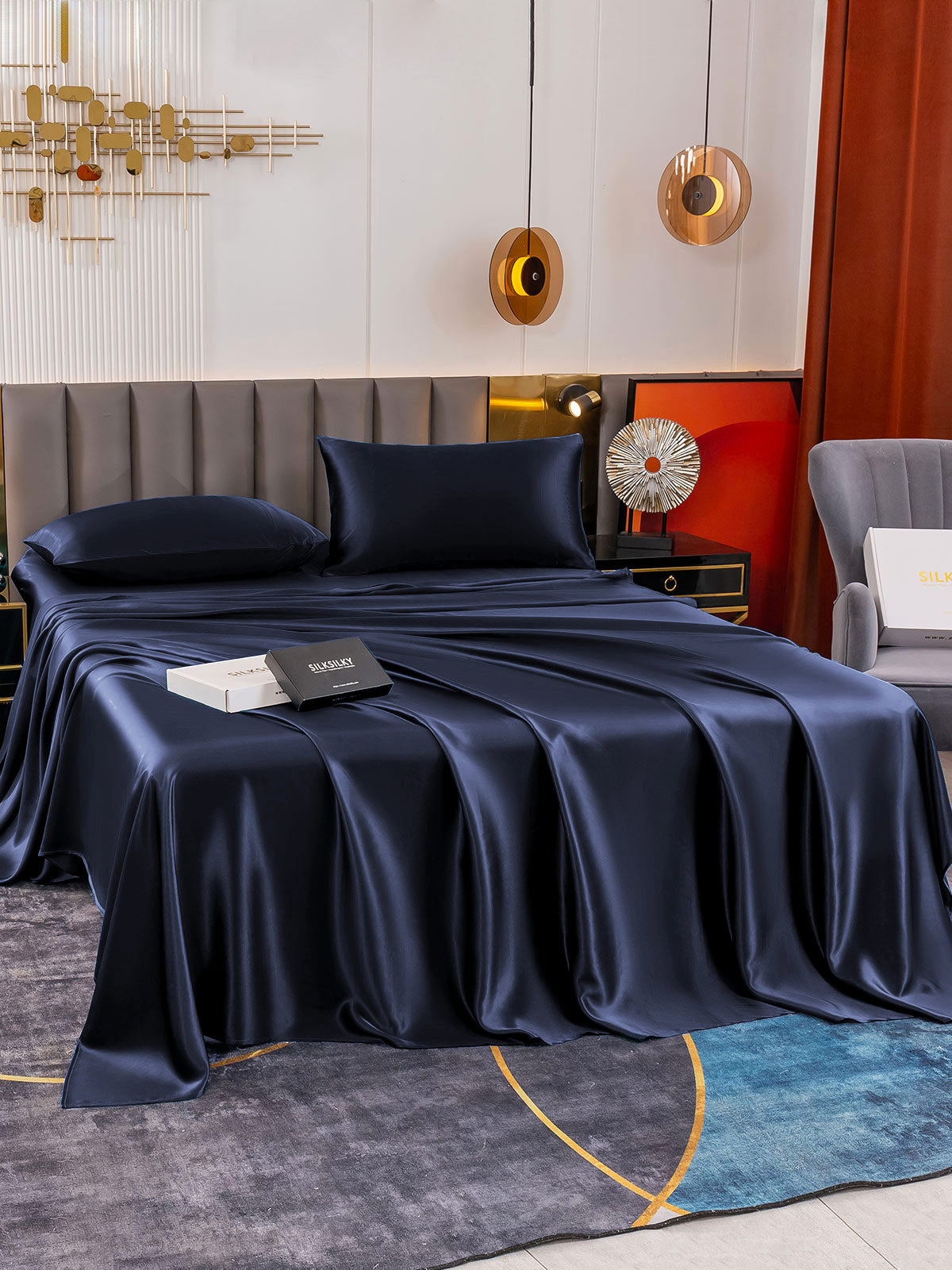 [Tummansininen] SilkSilky-FI 19Momme Bedding Set 004
