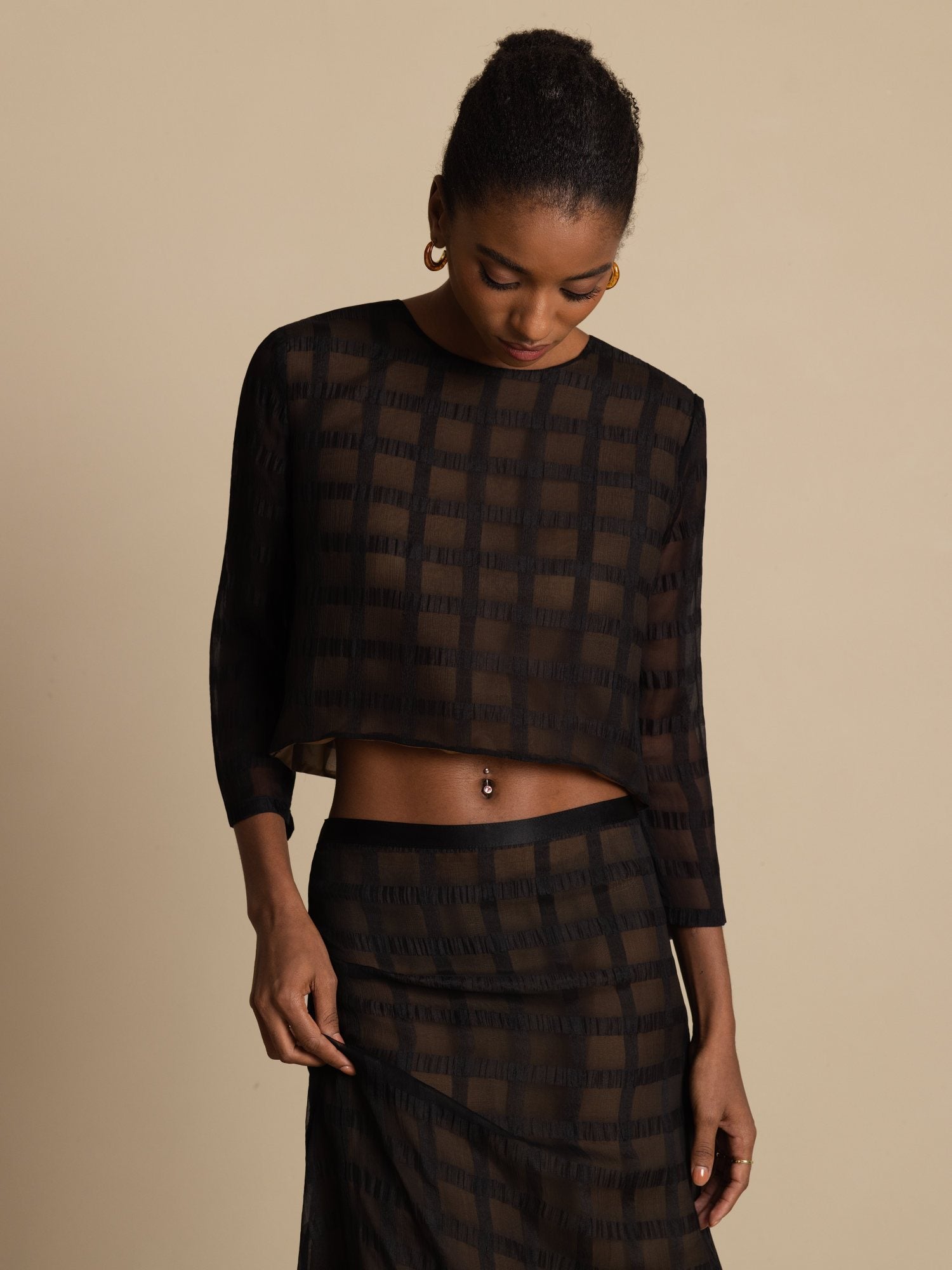 [Musta] SilkSilky-FI Puhdasta Silkkiä Pitkähihainen Pyöreä Pääntie Women''s Outfit Sets 007