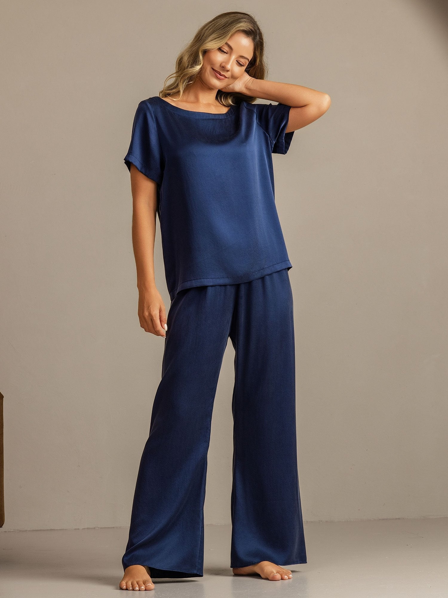 [Tummansininen] SilkSilky-FI 19Momme Womens Pajamas 006