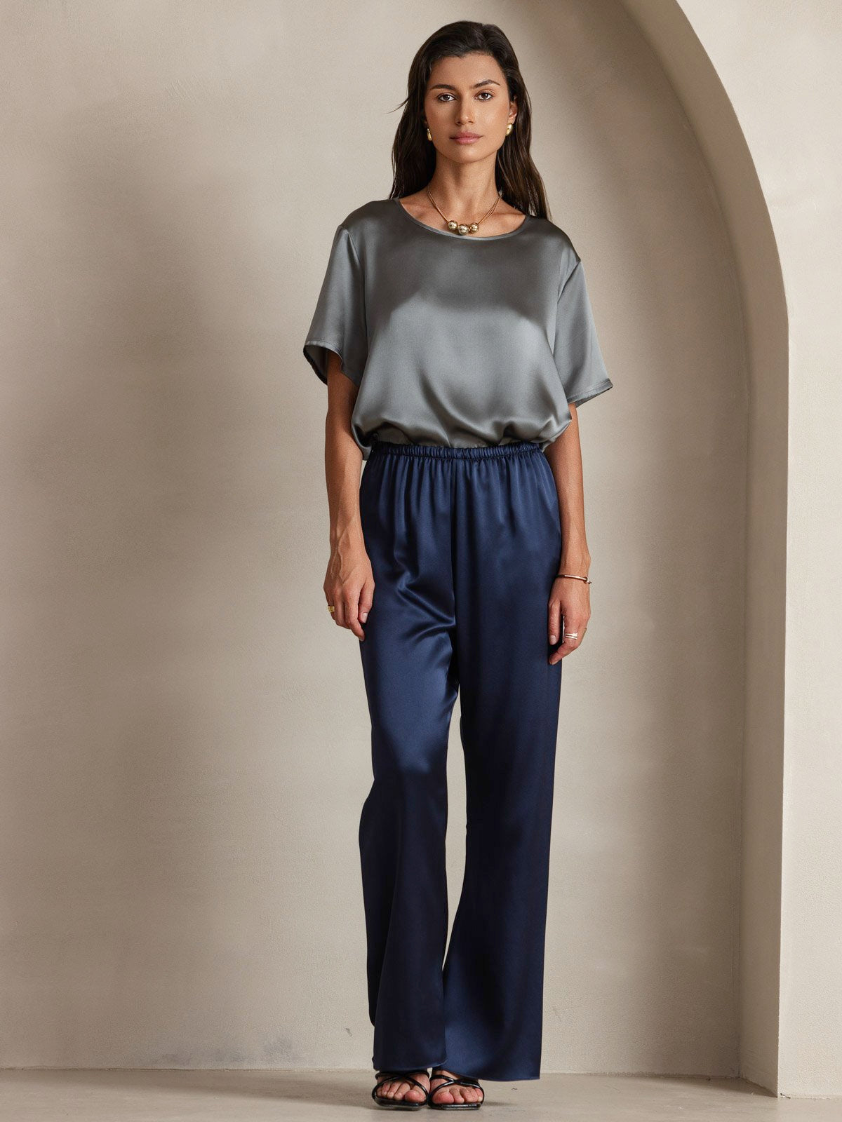 [Tummansininen] SilkSilky-FI 19Momme Silk Womens Pants 005