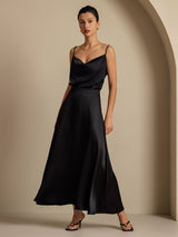 [Musta] SilkSilky-FI Spaghetti Strap Cowl Neck Women's Outfit Sets 009