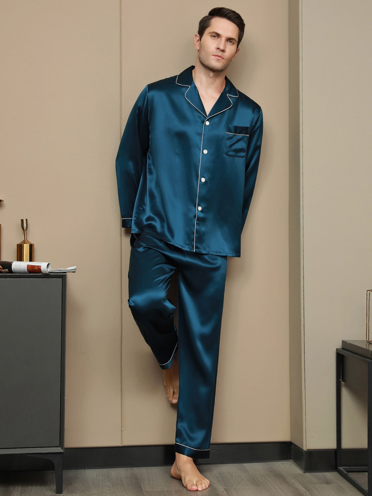 [Sinivihreä] SilkSilky-FI 19Momme Mens Pajamas 004
