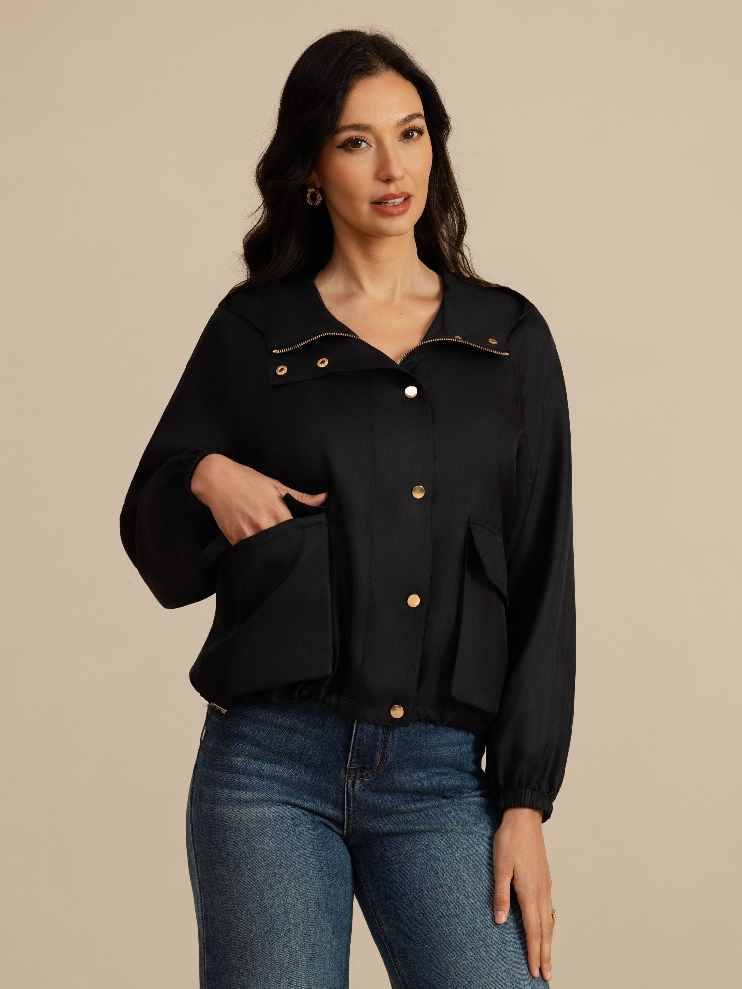 [Musta] SilkSilky-FI Pitkähihainen Korkea Kaulus Naisten Päällysvaatteet 003