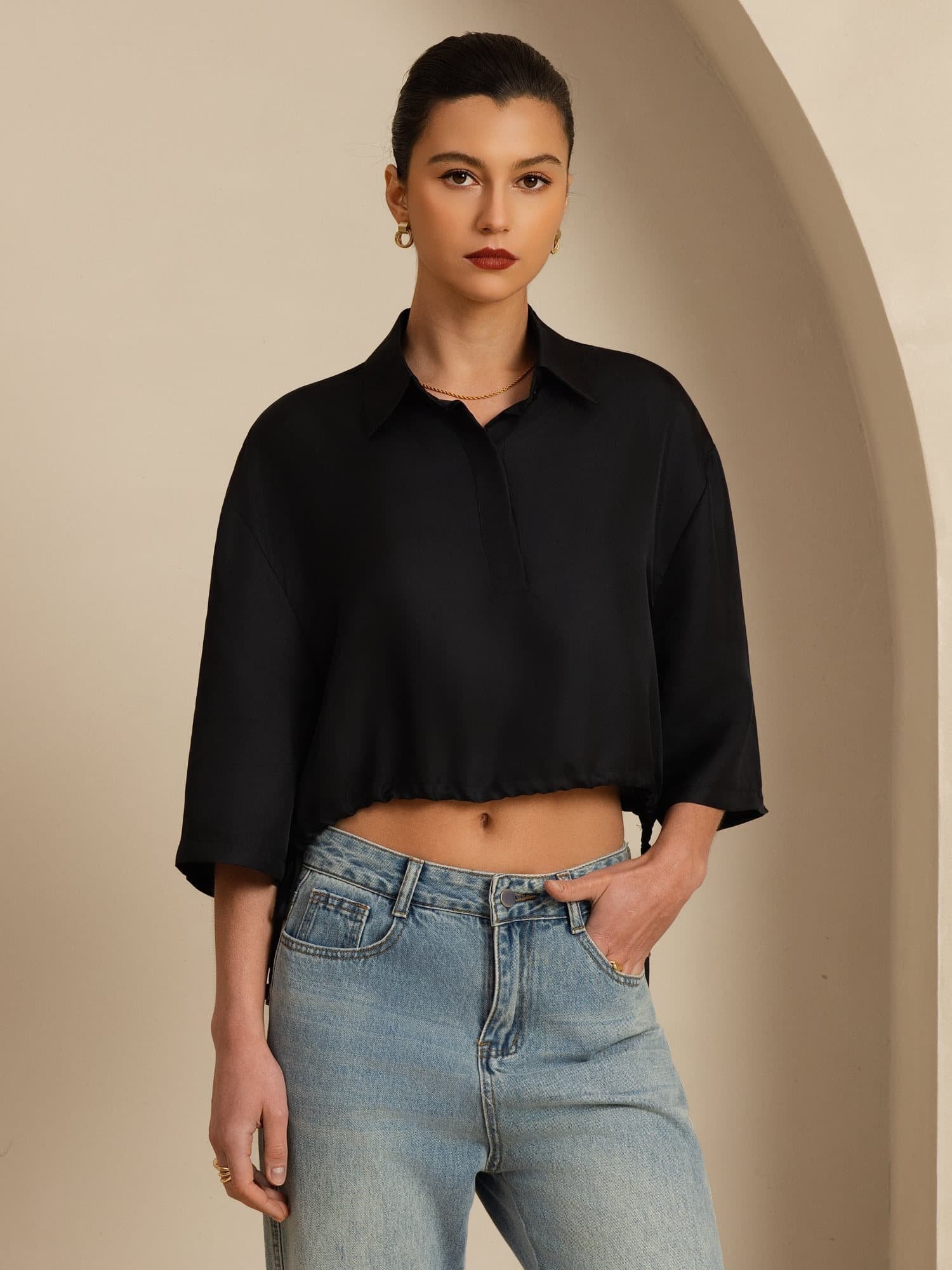 [Musta] SilkSilky-FI 18Momme Puolihiha Kauluskäänne Pusero 004