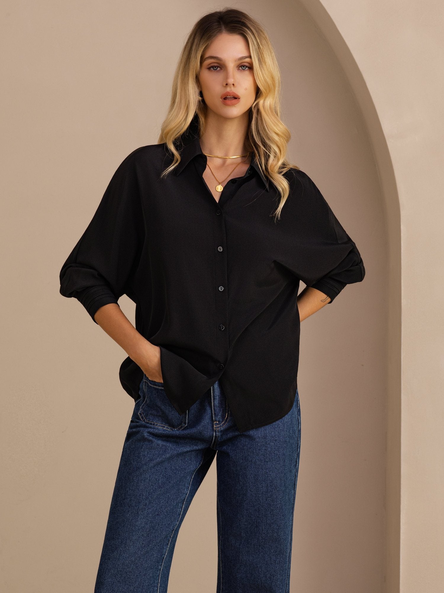 [Musta] SilkSilky-FI Long Sleeve Lapel Collar Naisten paita 001