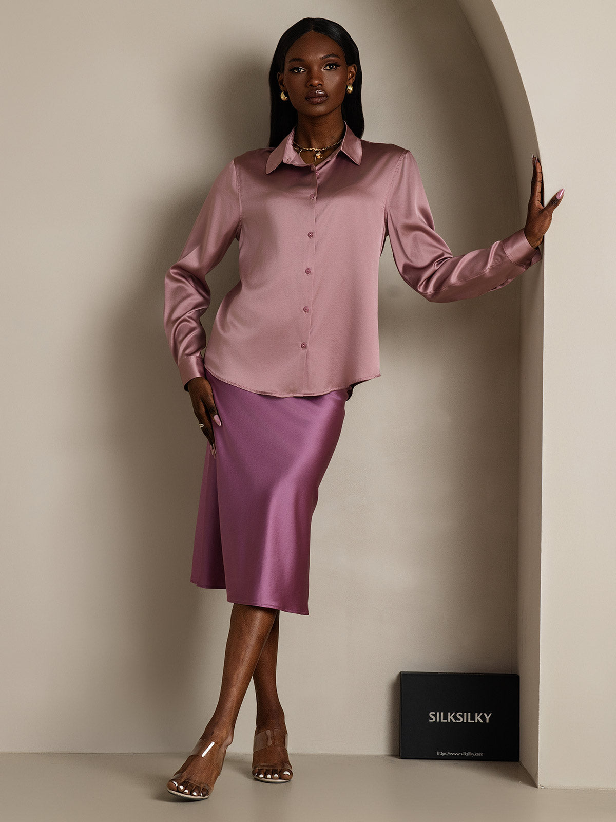 [Vaalean Mauve] SilkSilky-FI Lapel Collar Naisten paita 007
