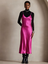 [Ruusunpunainen] SilkSilky-FI Spaghetti Strap V Neck Mekko 007