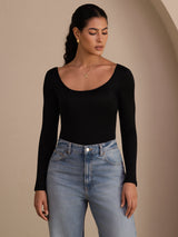 [Musta] SilkSilky-FI Long Sleeve U kaula Naisten T-paita 003