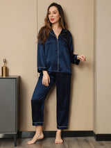 [Tummansininen] SilkSilky-FI Long Sleeve Notkokaulus Naisten Pyjamat 005