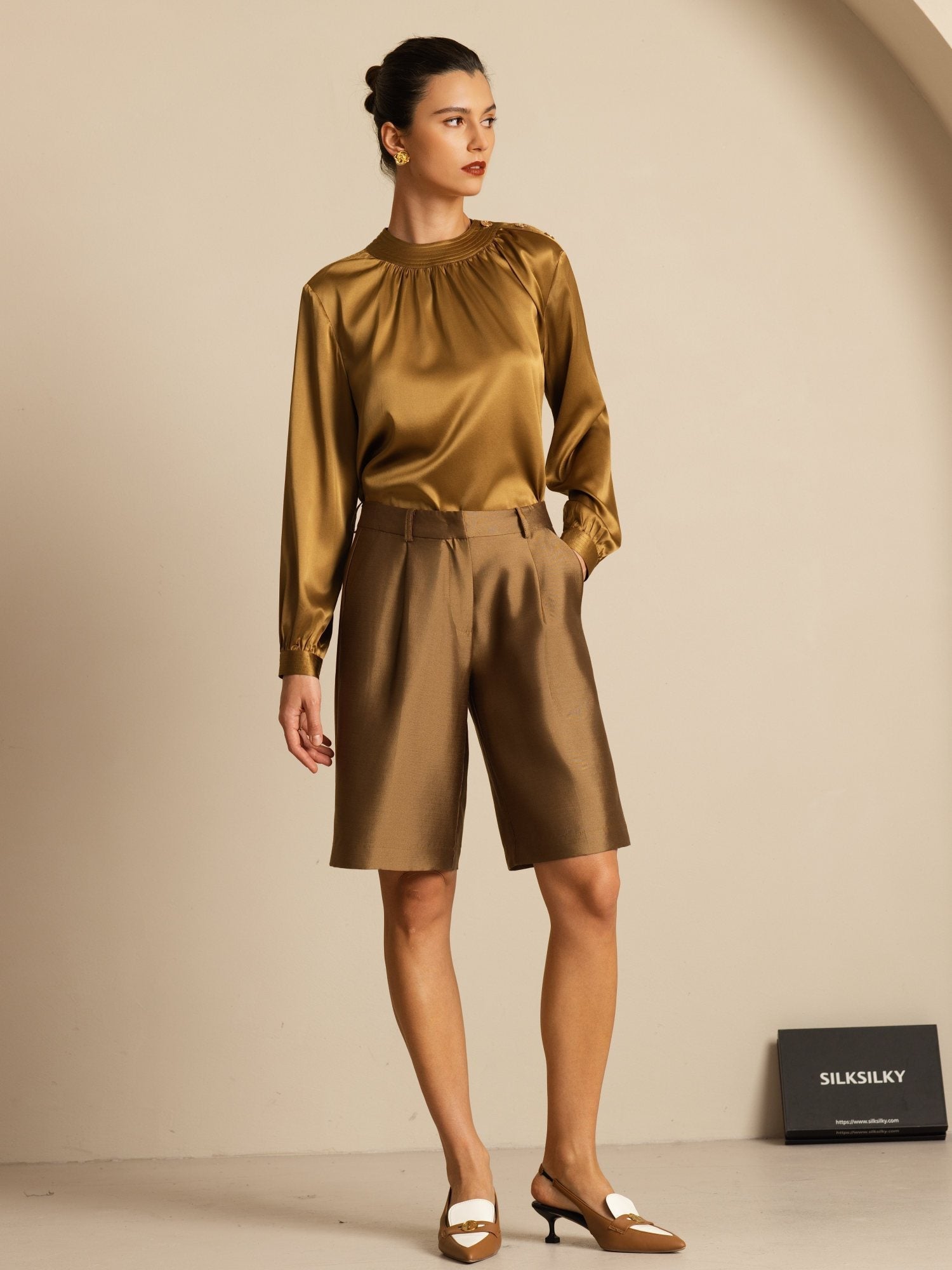 [Pronssi] SilkSilky-FI 19Momme Silkki Pitkähihainen Pyöreä Pääntie Pusero 007