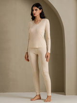 [Beige] SilkSilky-FI Long Sleeve V Neck Naisten Pitkät Alusvaatteet 007