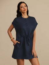 [Tummansininen] SilkSilky-FI 18Momme Lyhythihainen Hiha Henley-kaula-aukko Mekko 003