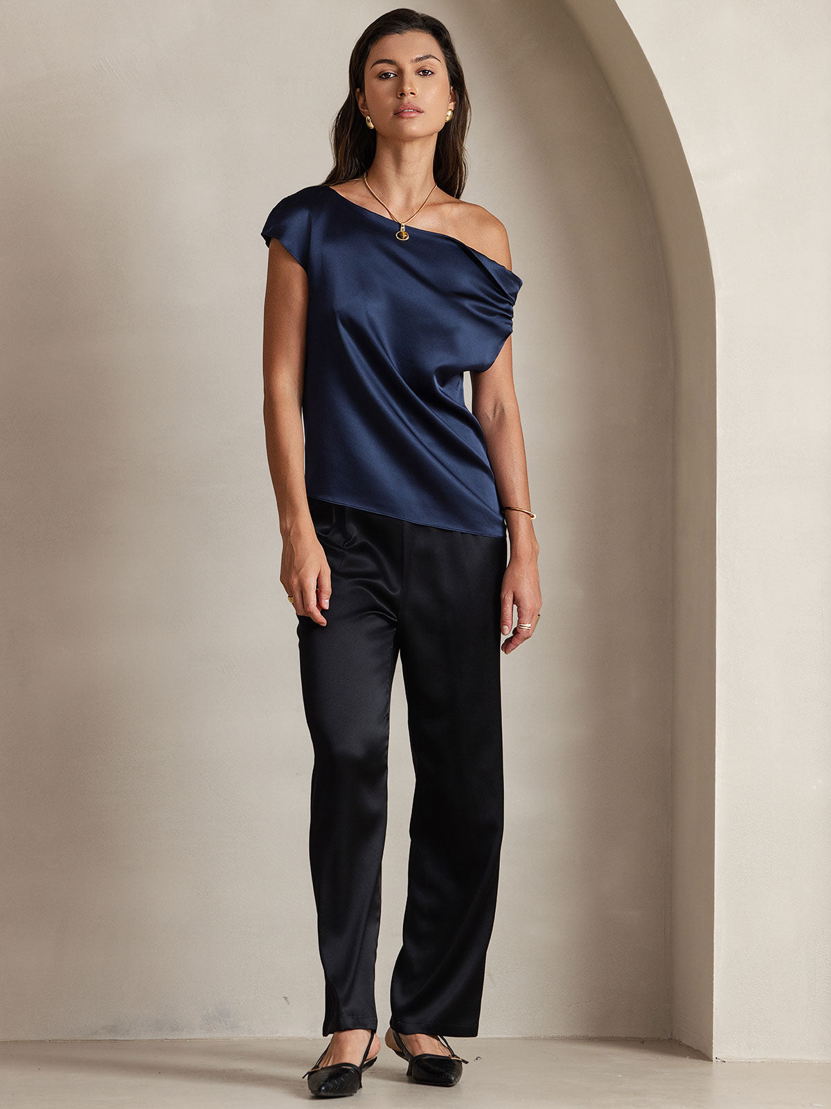 [Tummansininen] SilkSilky-FI 19Momme Womens T-Shirt 005