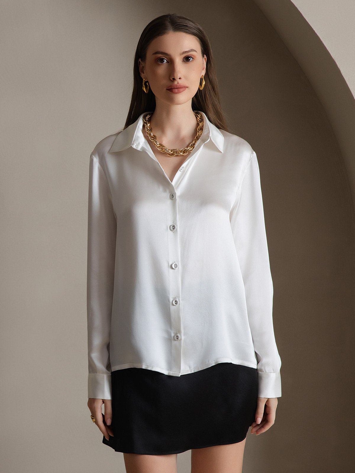 [Valkoinen] SilkSilky-FI 19Momme Womens Shirt 006